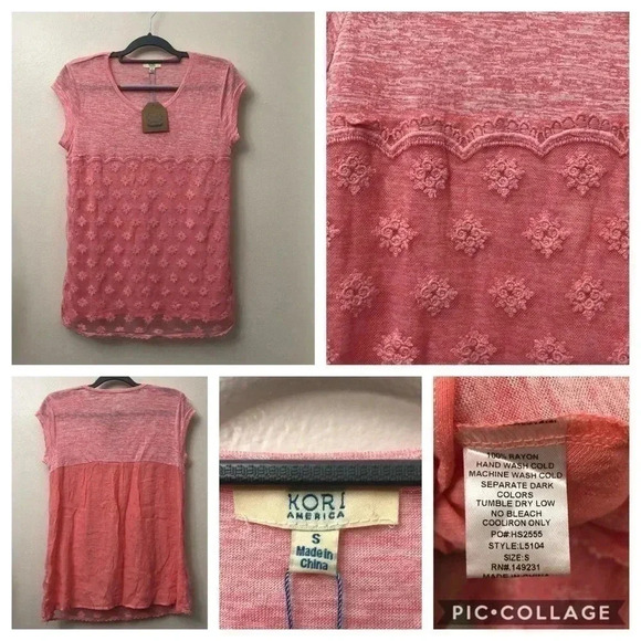 Peach Rayon top with lace‎ overlay Sz S - Picture 1 of 6